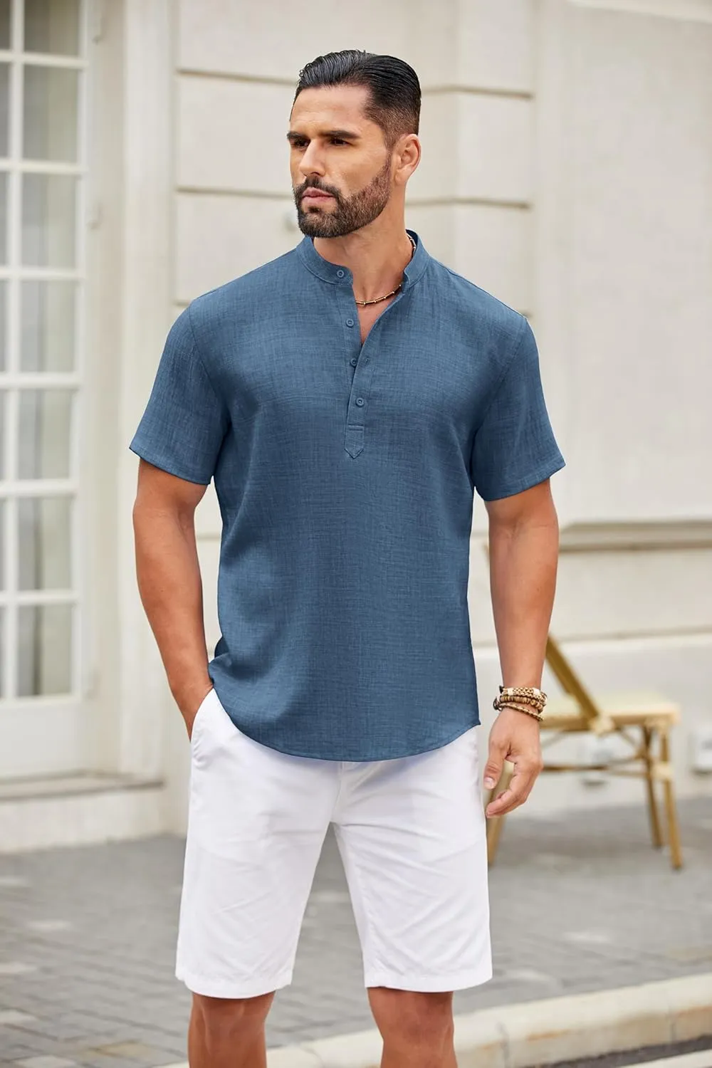 COOFANDY Men's Casual Henley Shirt Short Sleeve Summer Shirts Linen Band Collar Summer Beach Hippie T-Shirts