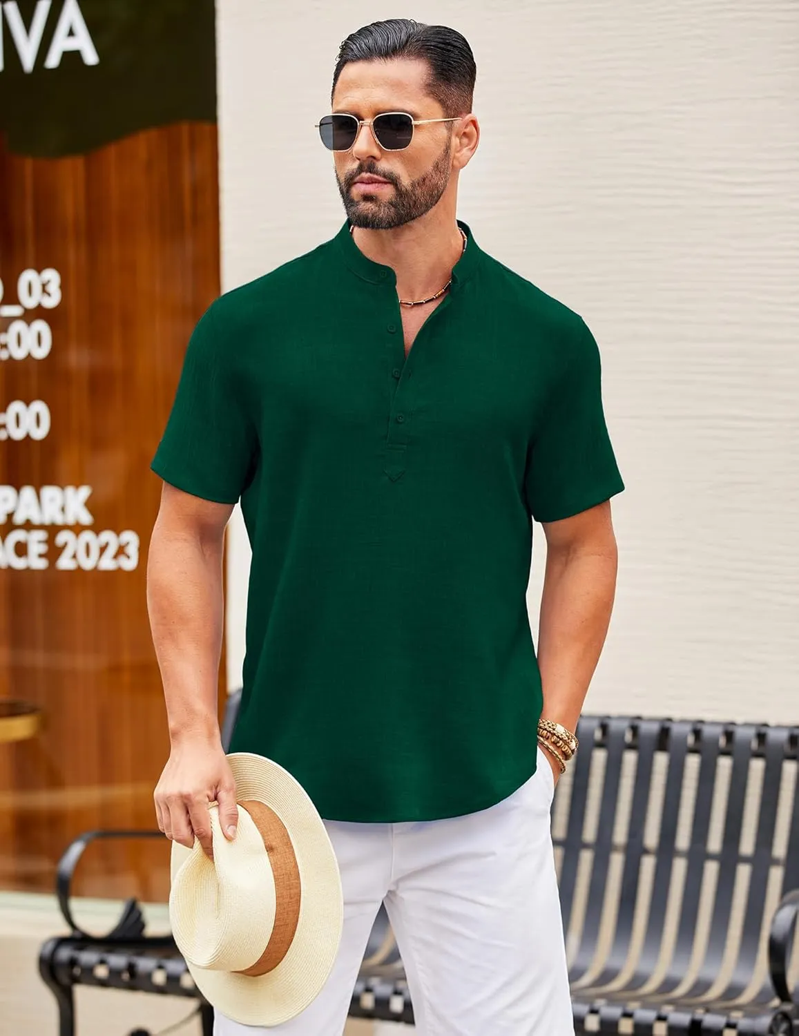 COOFANDY Men's Casual Henley Shirt Short Sleeve Summer Shirts Linen Band Collar Summer Beach Hippie T-Shirts