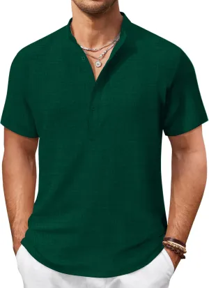 COOFANDY Men's Casual Henley Shirt Short Sleeve Summer Shirts Linen Band Collar Summer Beach Hippie T-Shirts