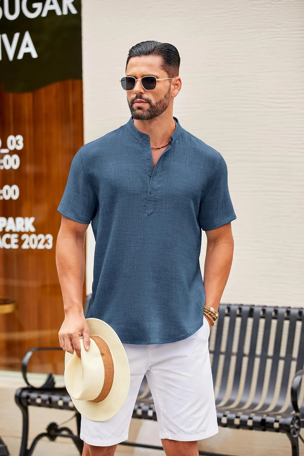 COOFANDY Men's Casual Henley Shirt Short Sleeve Summer Shirts Linen Band Collar Summer Beach Hippie T-Shirts