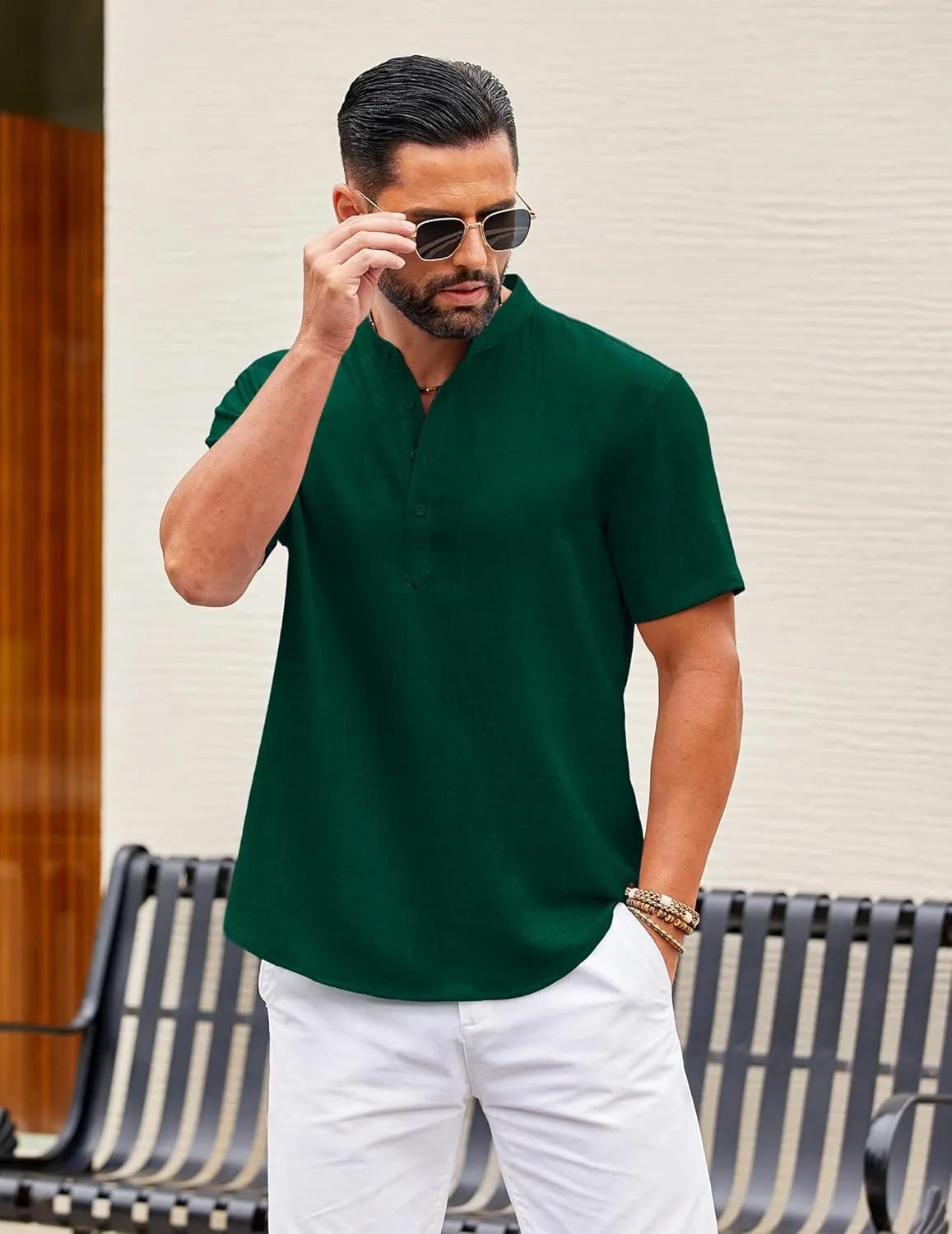 COOFANDY Men's Casual Henley Shirt Short Sleeve Summer Shirts Linen Band Collar Summer Beach Hippie T-Shirts