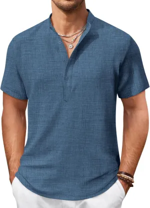 COOFANDY Men's Casual Henley Shirt Short Sleeve Summer Shirts Linen Band Collar Summer Beach Hippie T-Shirts