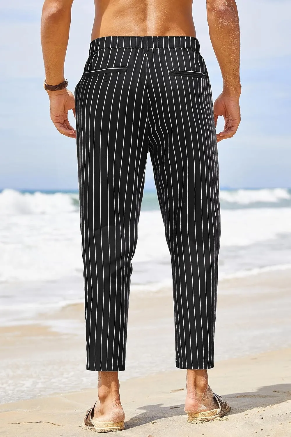 COOFANDY Men's Cotton Linen Pants Elastic Waist Lightweight Casual Pants Relaxed Fit Yoga Beach Pants with Pockets