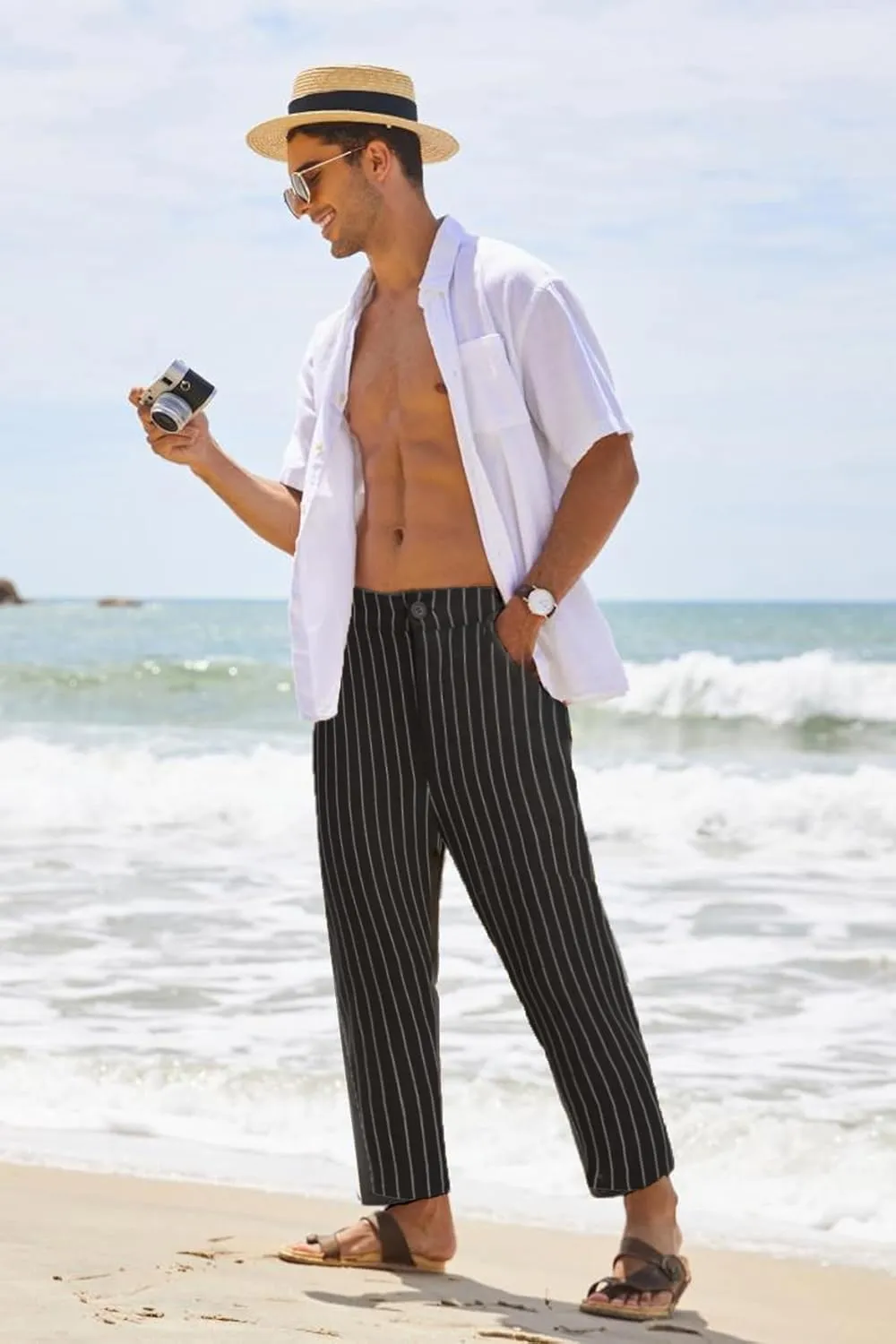 COOFANDY Men's Cotton Linen Pants Elastic Waist Lightweight Casual Pants Relaxed Fit Yoga Beach Pants with Pockets