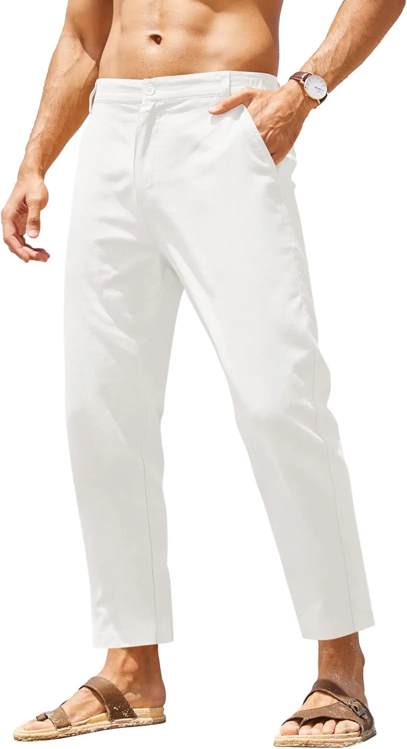 COOFANDY Men's Cotton Linen Pants Elastic Waist Lightweight Casual Pants Relaxed Fit Yoga Beach Pants with Pockets