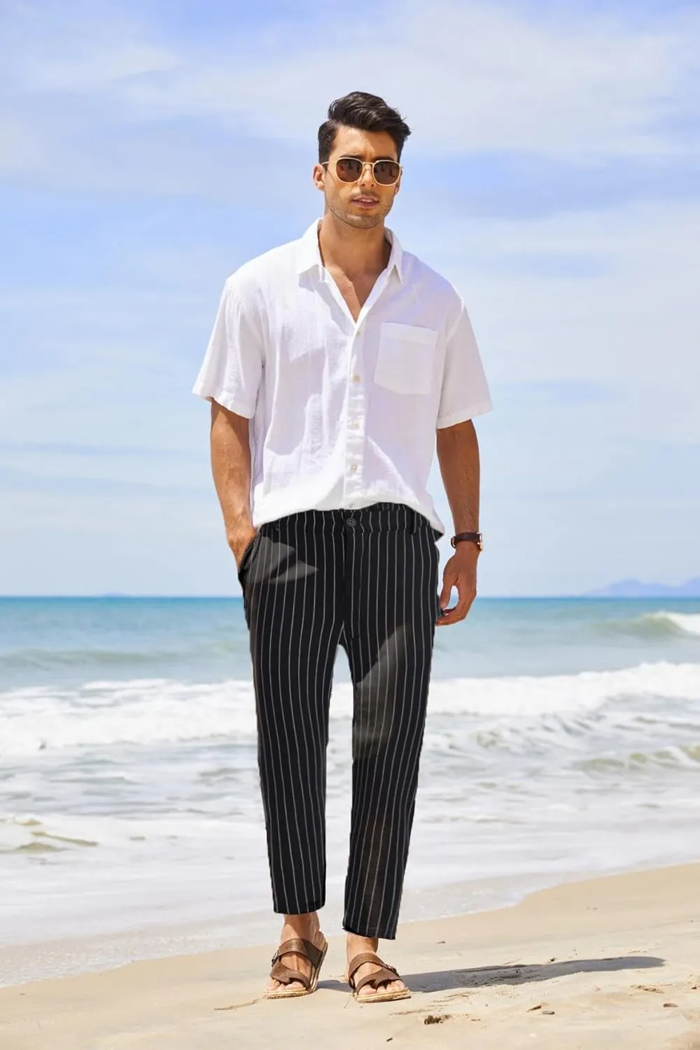 COOFANDY Men's Cotton Linen Pants Elastic Waist Lightweight Casual Pants Relaxed Fit Yoga Beach Pants with Pockets