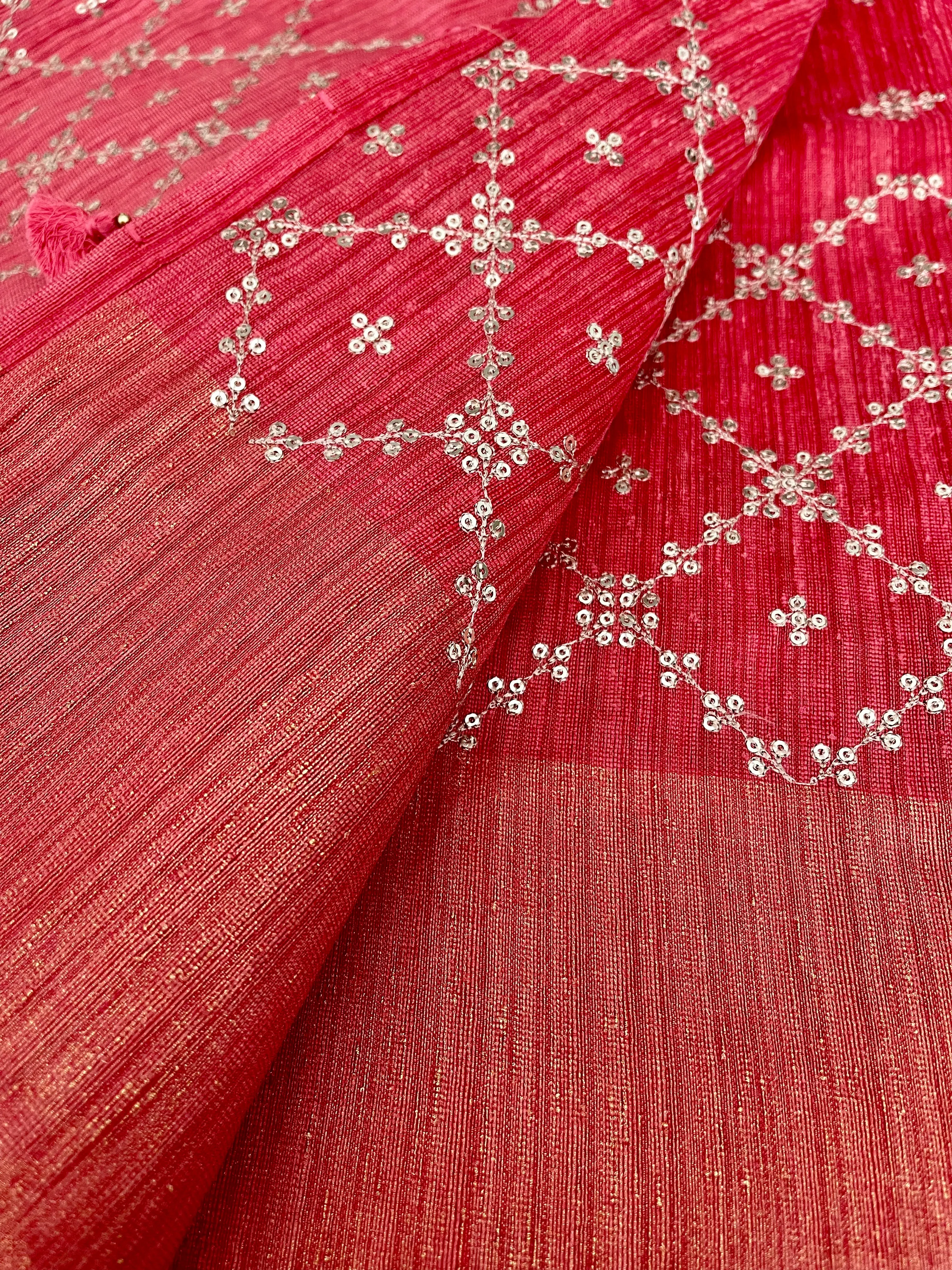 Coral Pink Sequin Handloom Tussar Silk Saree