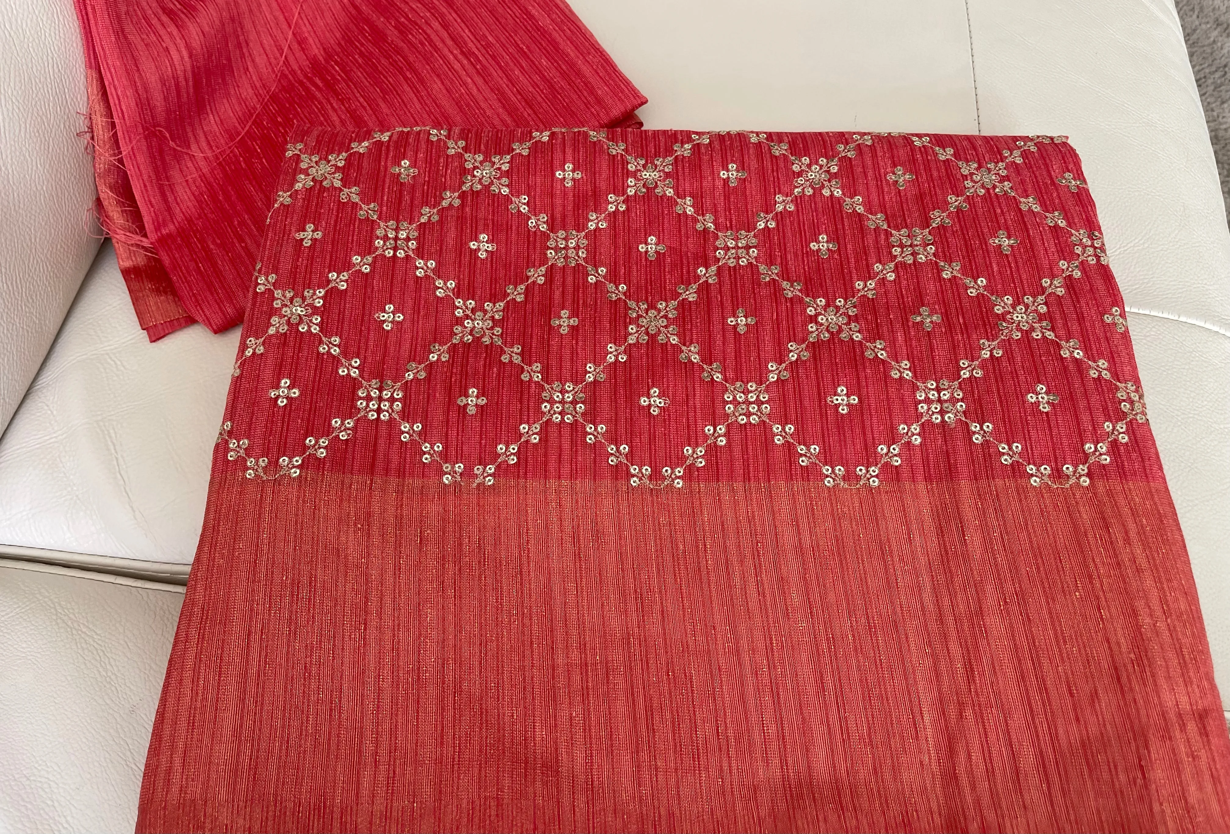 Coral Pink Sequin Handloom Tussar Silk Saree
