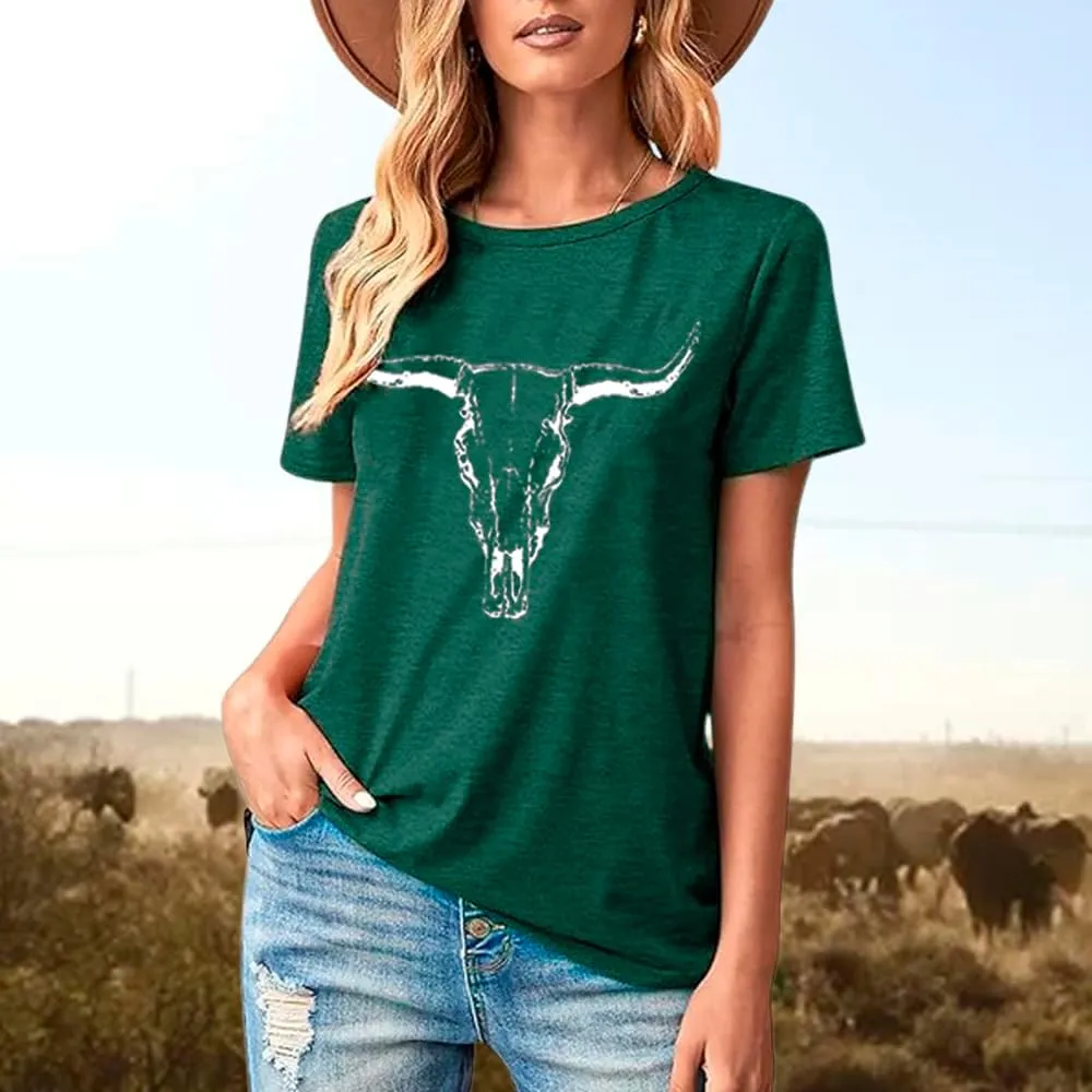 Cow Skull Shirts Women Western Cowgirl Shirts Boho Bull Skull T Shirt Vintage Rodeo Graphic Tee Tops