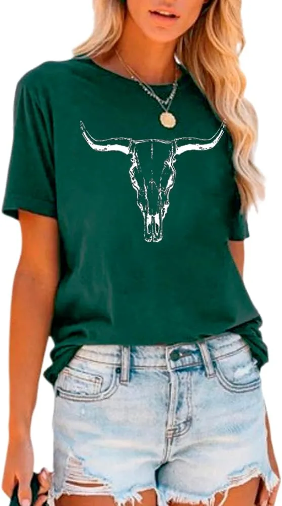 Cow Skull Shirts Women Western Cowgirl Shirts Boho Bull Skull T Shirt Vintage Rodeo Graphic Tee Tops