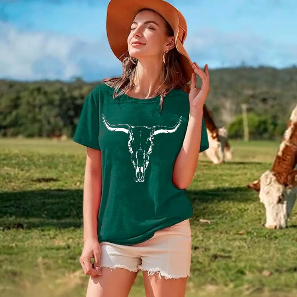 Cow Skull Shirts Women Western Cowgirl Shirts Boho Bull Skull T Shirt Vintage Rodeo Graphic Tee Tops