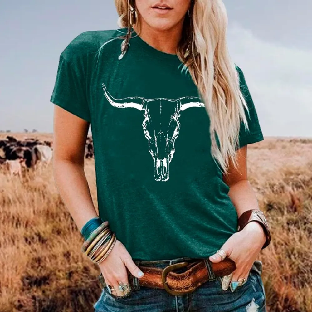 Cow Skull Shirts Women Western Cowgirl Shirts Boho Bull Skull T Shirt Vintage Rodeo Graphic Tee Tops