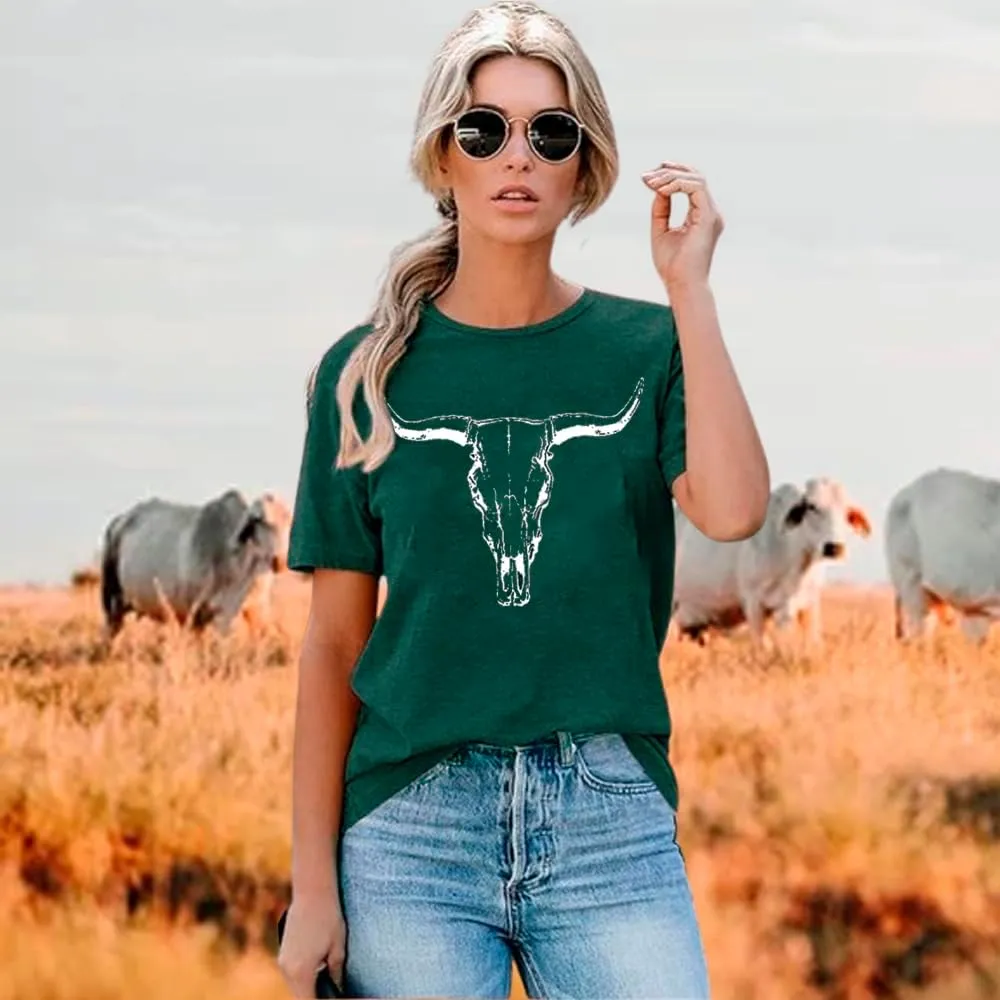 Cow Skull Shirts Women Western Cowgirl Shirts Boho Bull Skull T Shirt Vintage Rodeo Graphic Tee Tops