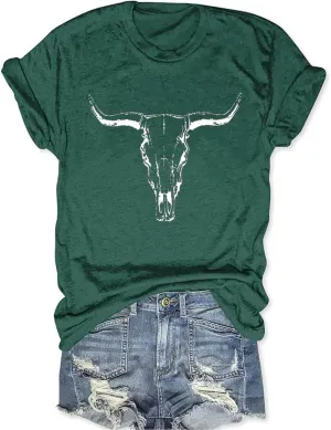 Cow Skull Shirts Women Western Cowgirl Shirts Boho Bull Skull T Shirt Vintage Rodeo Graphic Tee Tops