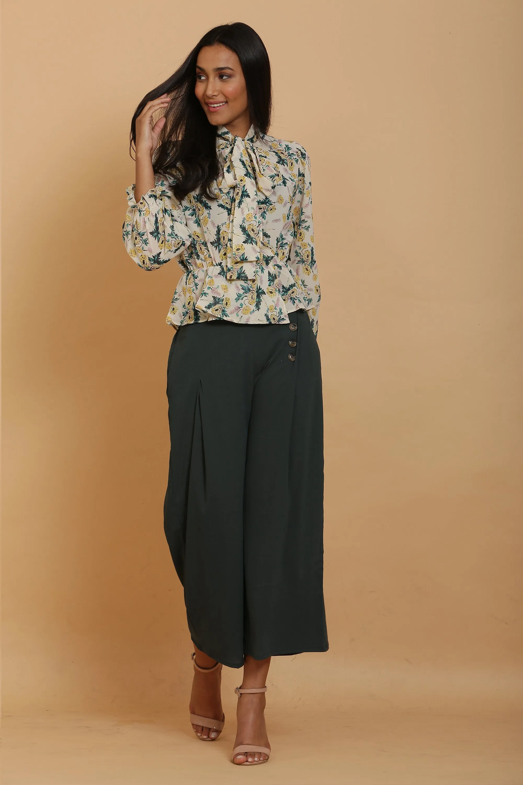 Cream Print Wrap Top and Green Culottes Set