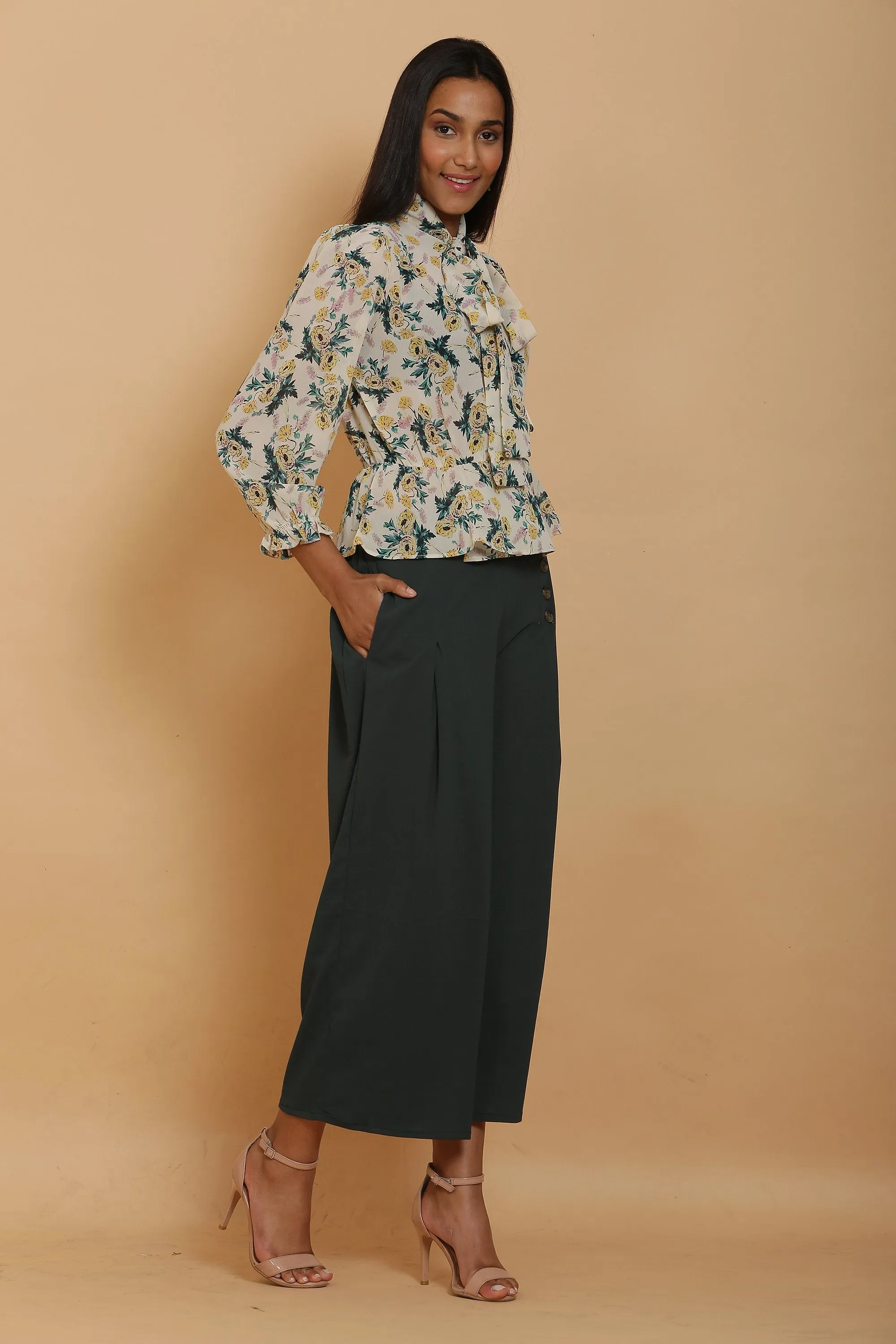 Cream Print Wrap Top and Green Culottes Set