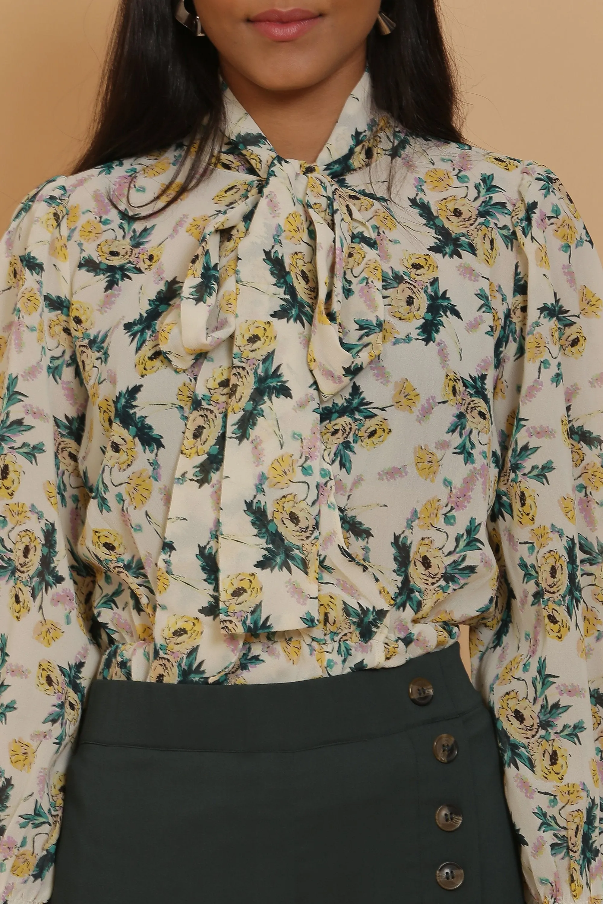 Cream Print Wrap Top and Green Culottes Set