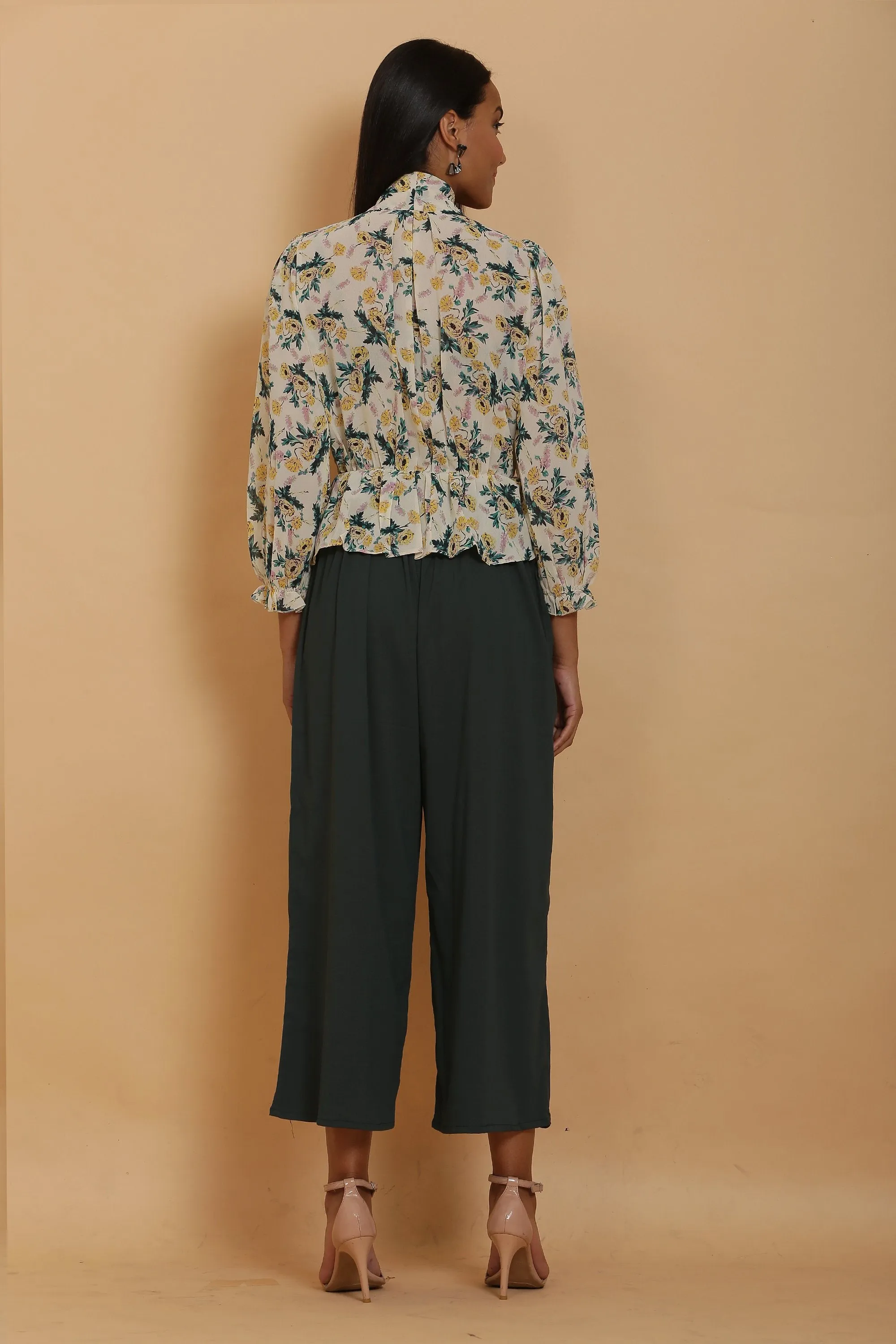 Cream Print Wrap Top and Green Culottes Set