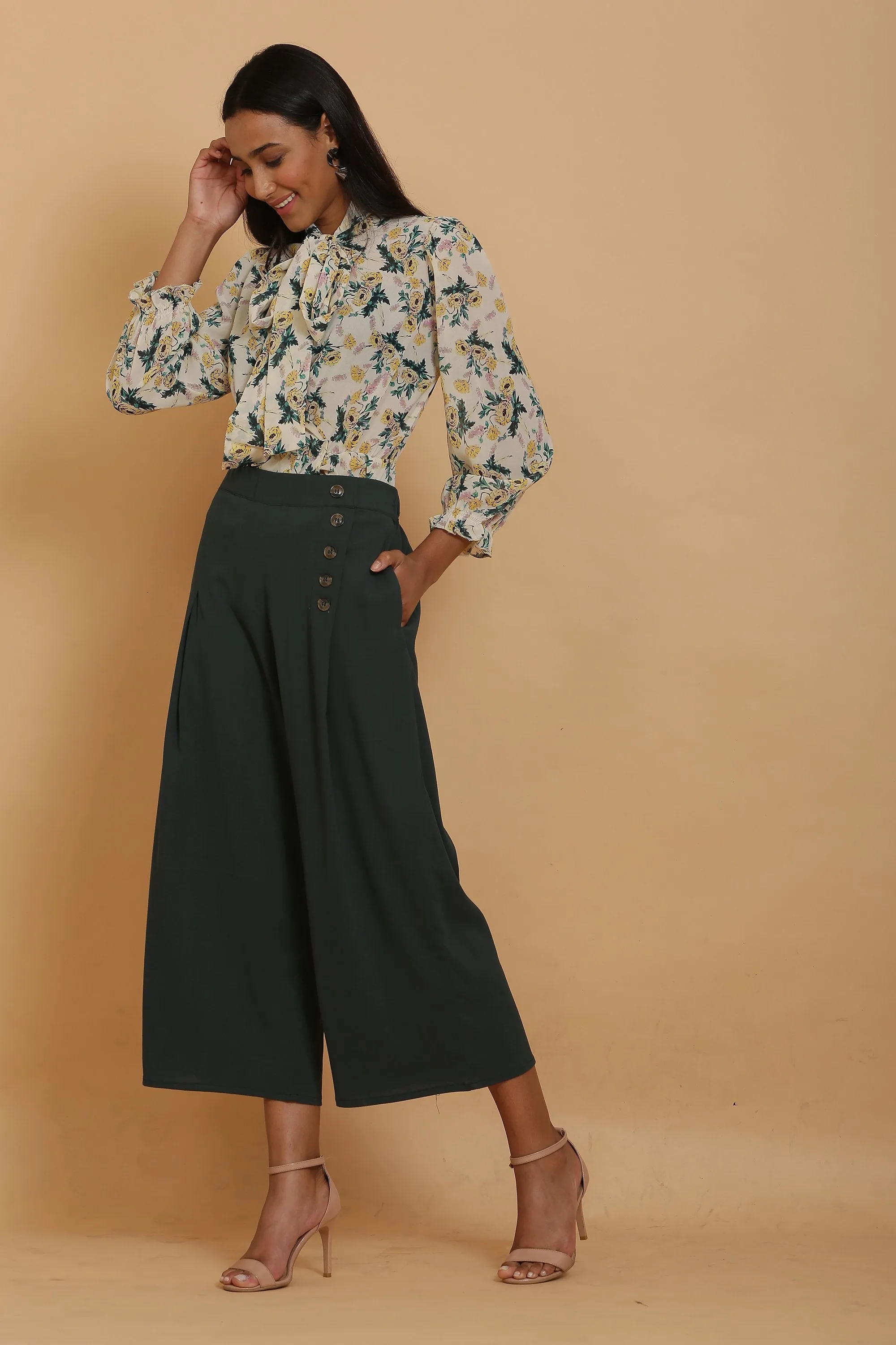 Cream Print Wrap Top and Green Culottes Set