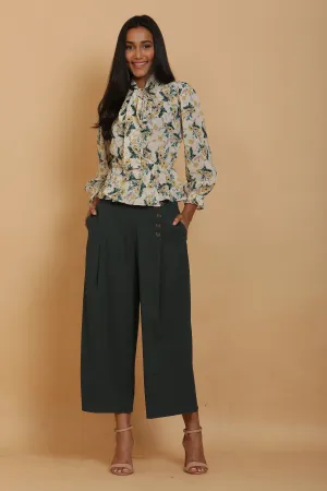 Cream Print Wrap Top and Green Culottes Set