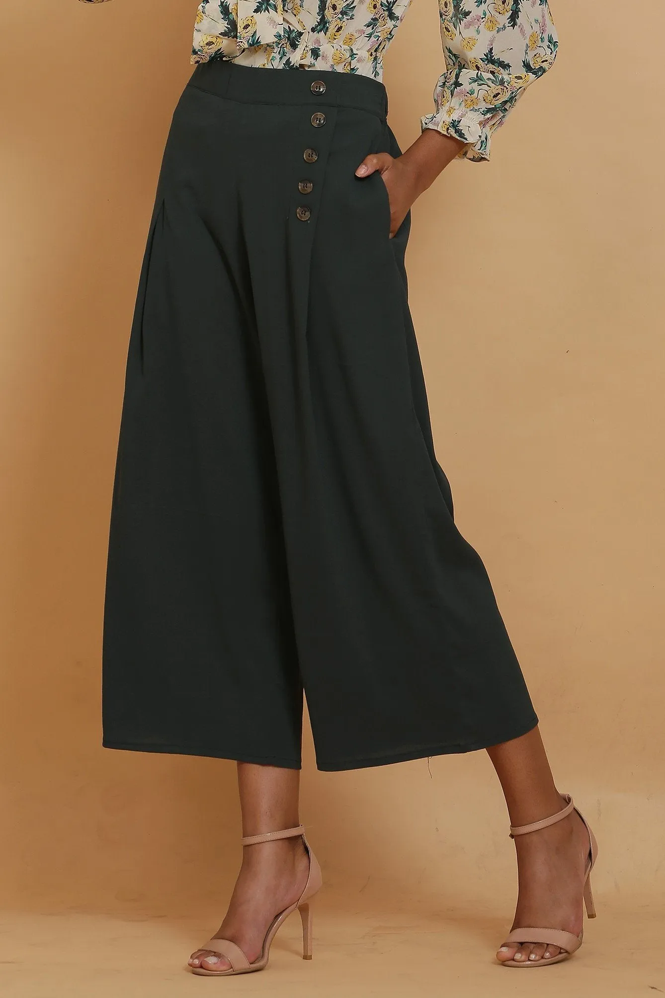 Cream Print Wrap Top and Green Culottes Set