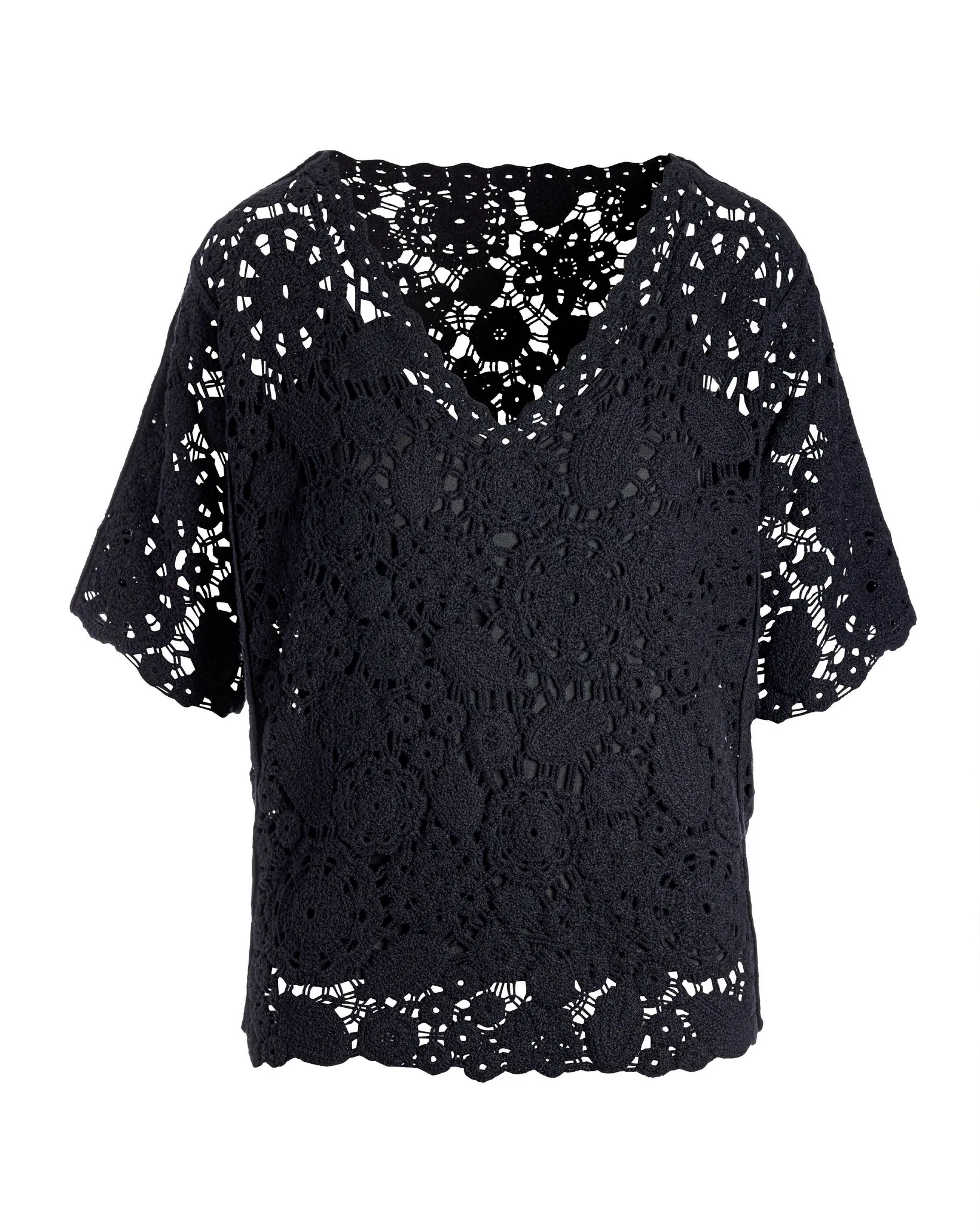 Crochet Effortless V Neck Short Sleeve Sweater Black