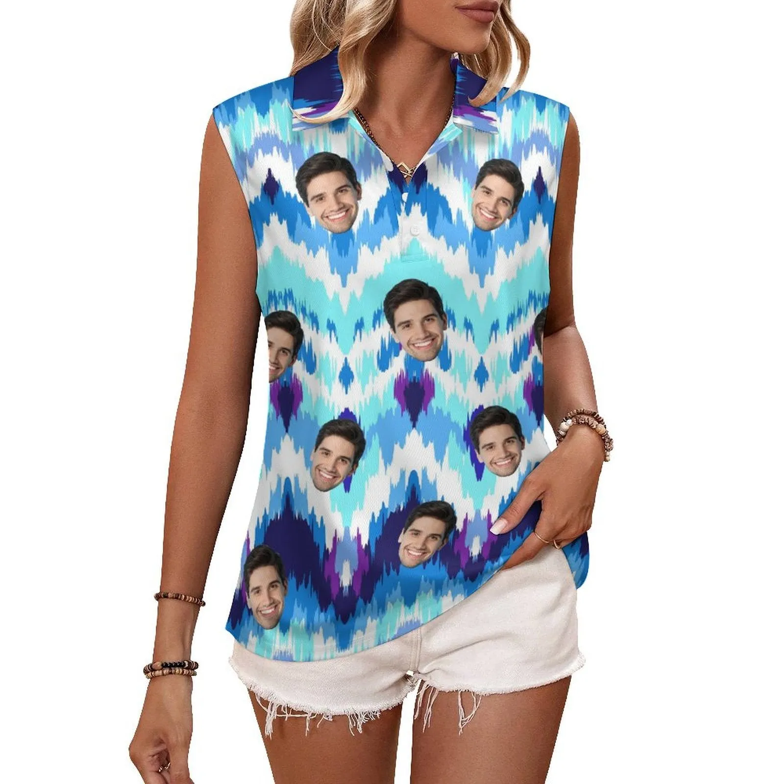 Custom Face Polo Sleeveless Tank Tops Personalized Blue Tank Top