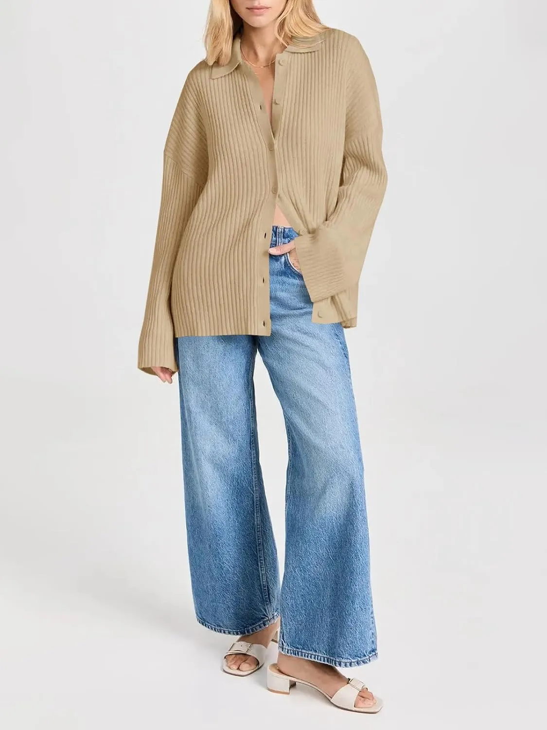 Danedvi Womens Collared Cardigan Sweaters Oversized Ribbed Knit Open Front Button Up Bell Sleeve Outwear