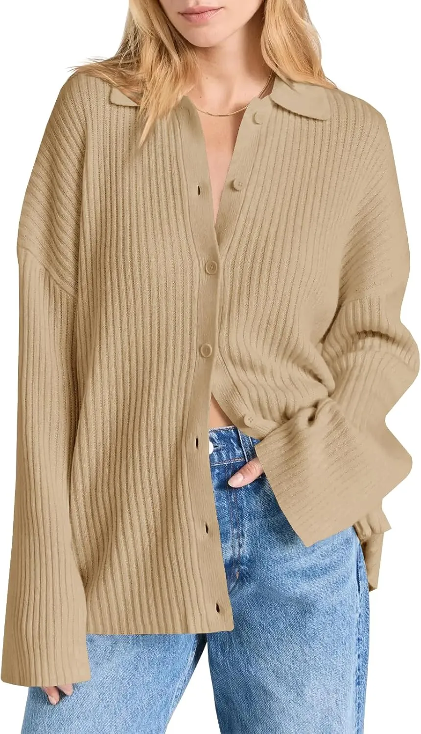 Danedvi Womens Collared Cardigan Sweaters Oversized Ribbed Knit Open Front Button Up Bell Sleeve Outwear