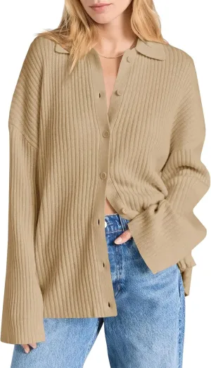 Danedvi Womens Collared Cardigan Sweaters Oversized Ribbed Knit Open Front Button Up Bell Sleeve Outwear