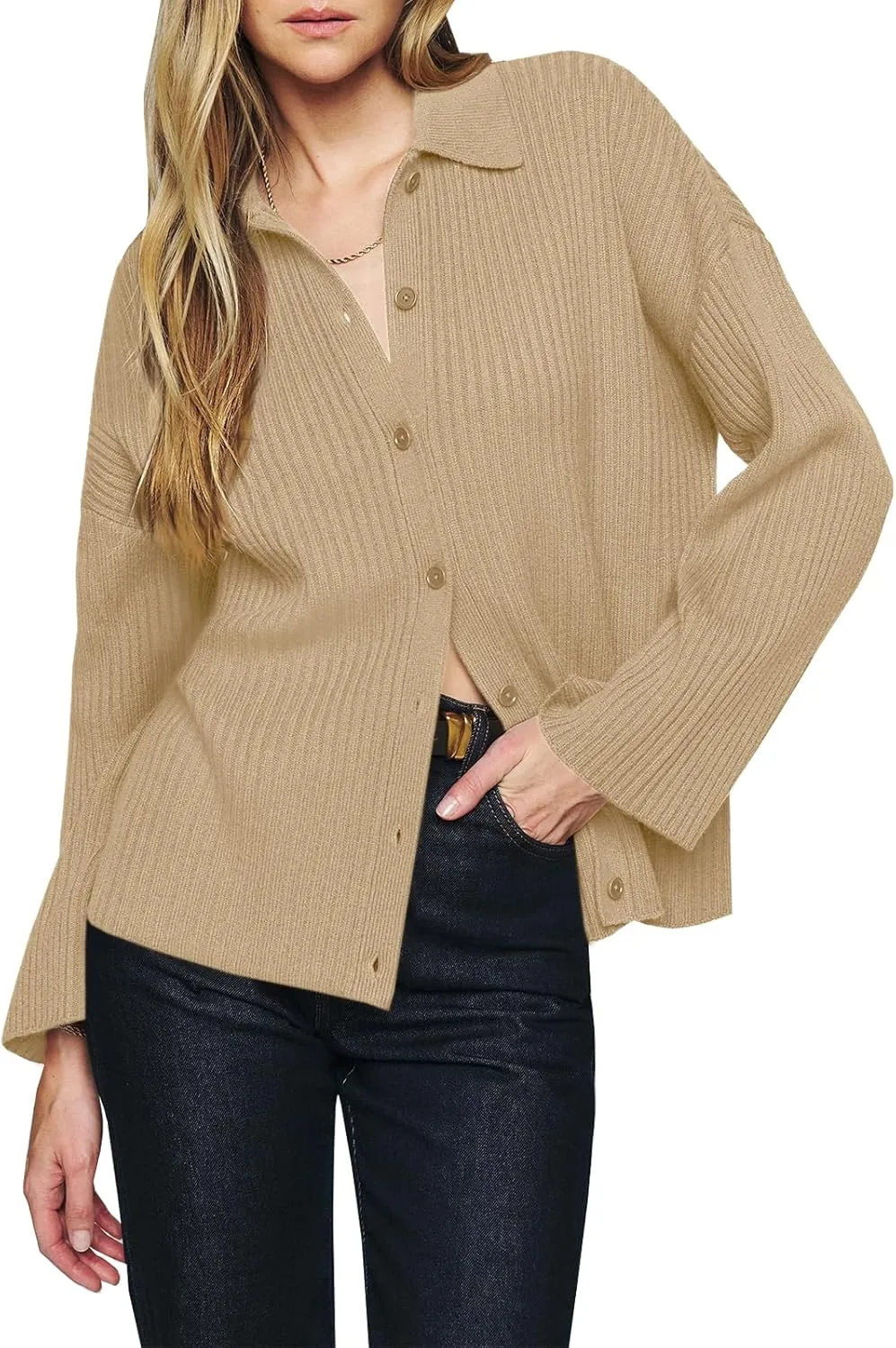 Danedvi Womens Collared Cardigan Sweaters Oversized Ribbed Knit Open Front Button Up Bell Sleeve Outwear