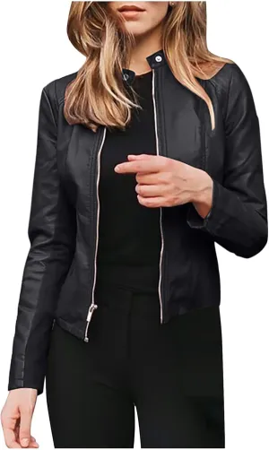 DASAYO Womens Lapel Slim Short Coat Full Zip Open Front Faux Leather PU Jacket Autumn and Winter Fashion Cardigan Jackets