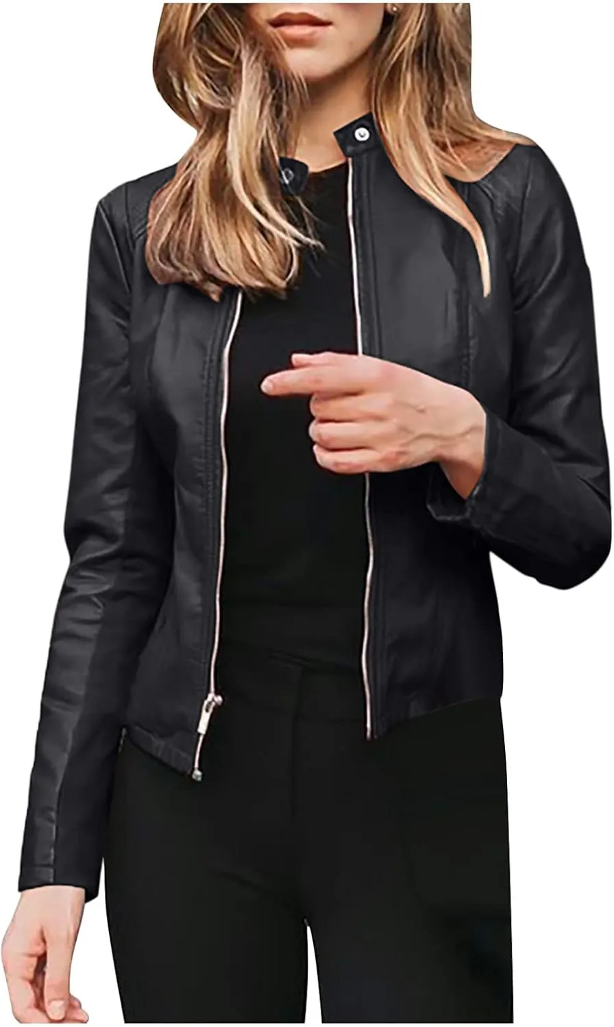 DASAYO Womens Lapel Slim Short Coat Full Zip Open Front Faux Leather PU Jacket Autumn and Winter Fashion Cardigan Jackets