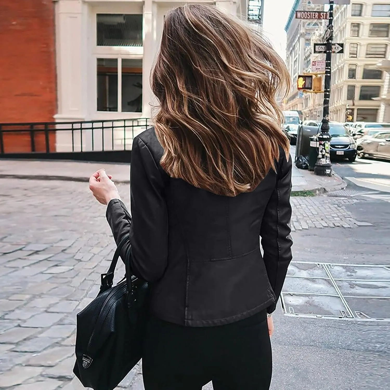 DASAYO Womens Lapel Slim Short Coat Full Zip Open Front Faux Leather PU Jacket Autumn and Winter Fashion Cardigan Jackets