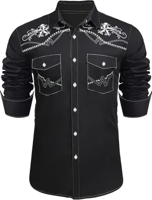 Daupanzees Men's Western Cowboy Shirts Long Sleeve Embroidered Shirts Slim Fit Casual Button Down Shirt with Pockets