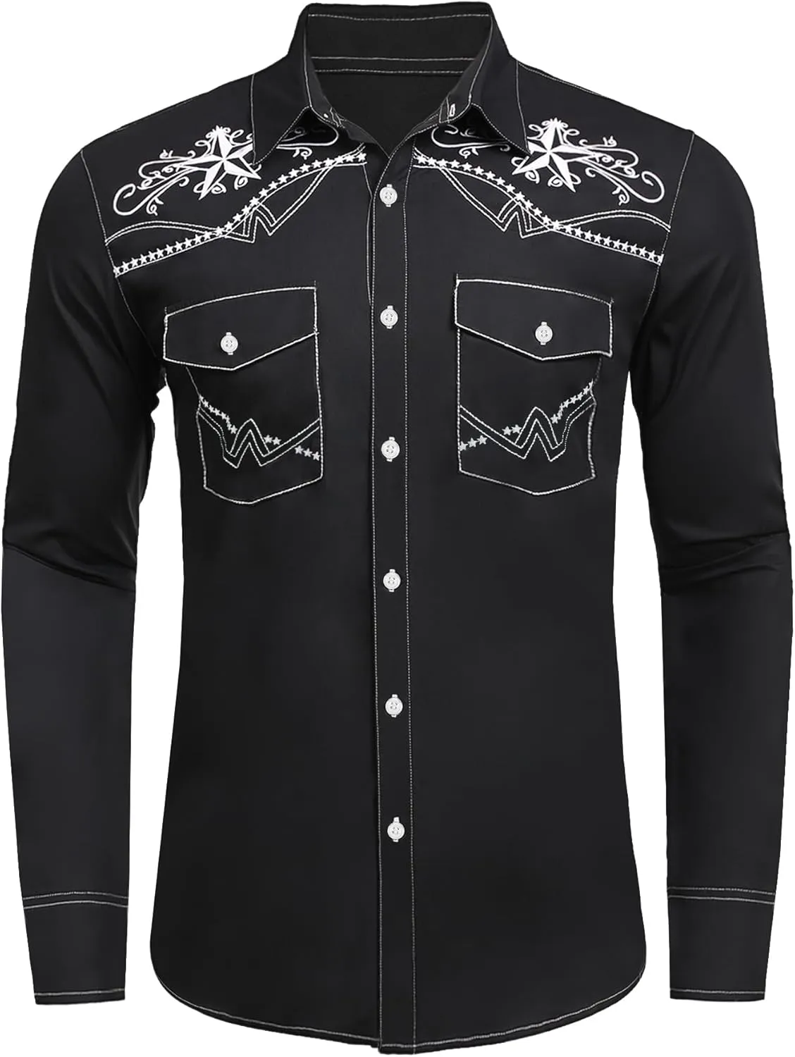 Daupanzees Men's Western Cowboy Shirts Long Sleeve Embroidered Shirts Slim Fit Casual Button Down Shirt with Pockets
