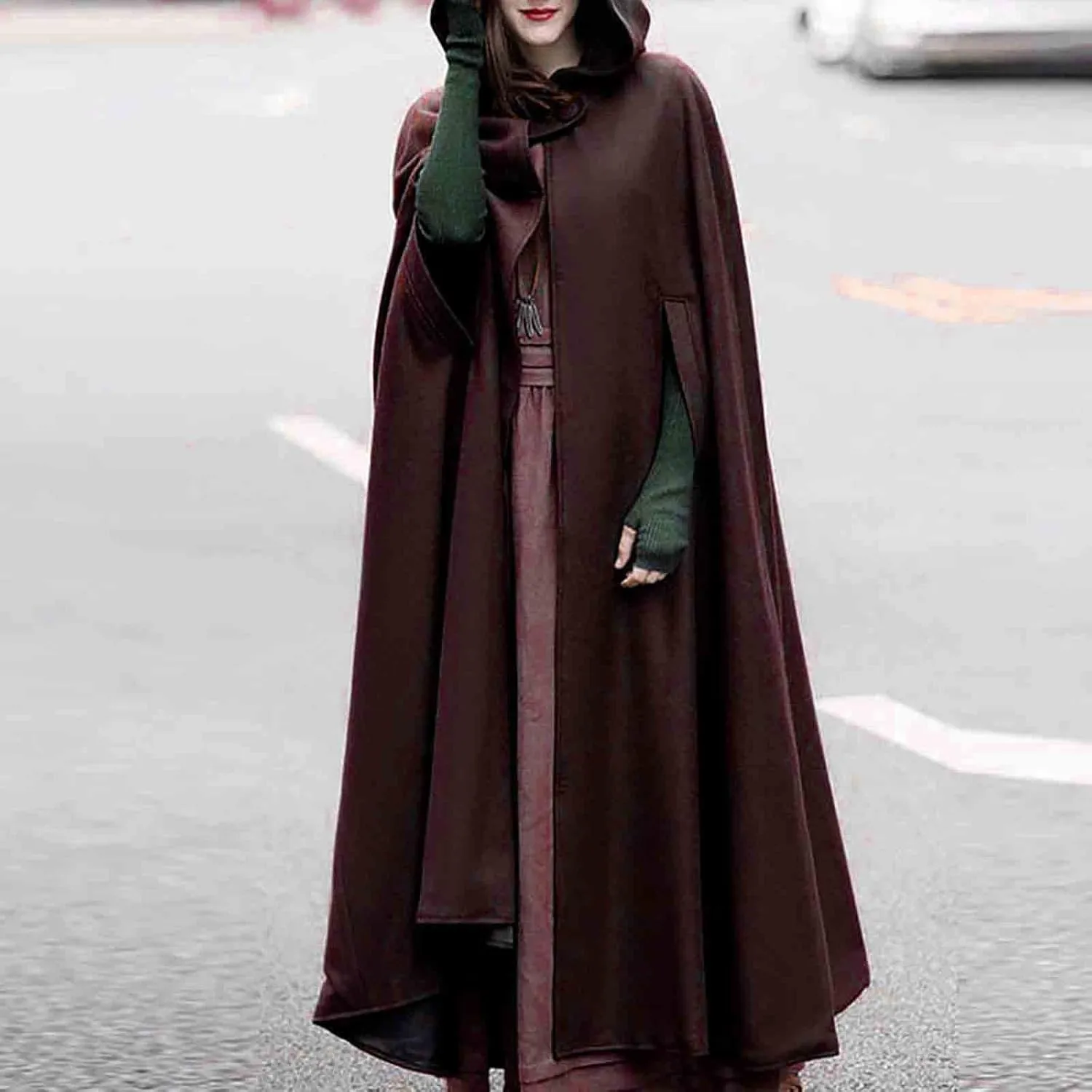 DDAPJ pyju Womens Hooded Open Front Cardigan Wool Blend Long Cape Coat Winter Casual Maxi Cloak Trench Coat Outwear Jacket