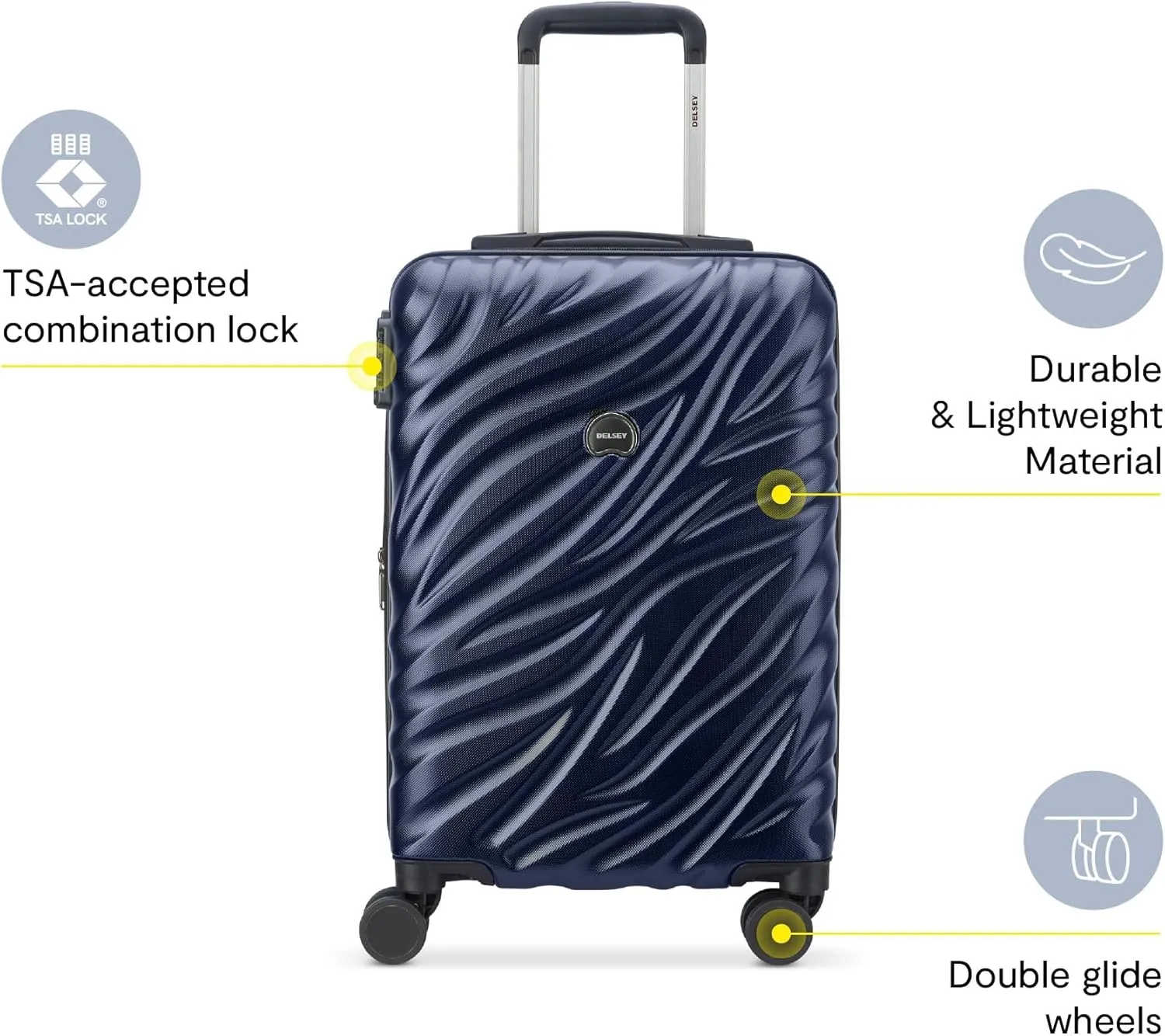 DELSEY PARIS Alexis Durable Hardside Luggage, Expandable Lightweight 4-Wheel Spinner, Easy Grip Telescoping Handle for Smooth Mobility, TSA-Lock Incorporated, Men and Women, Navy, Carry-On 21-Inch