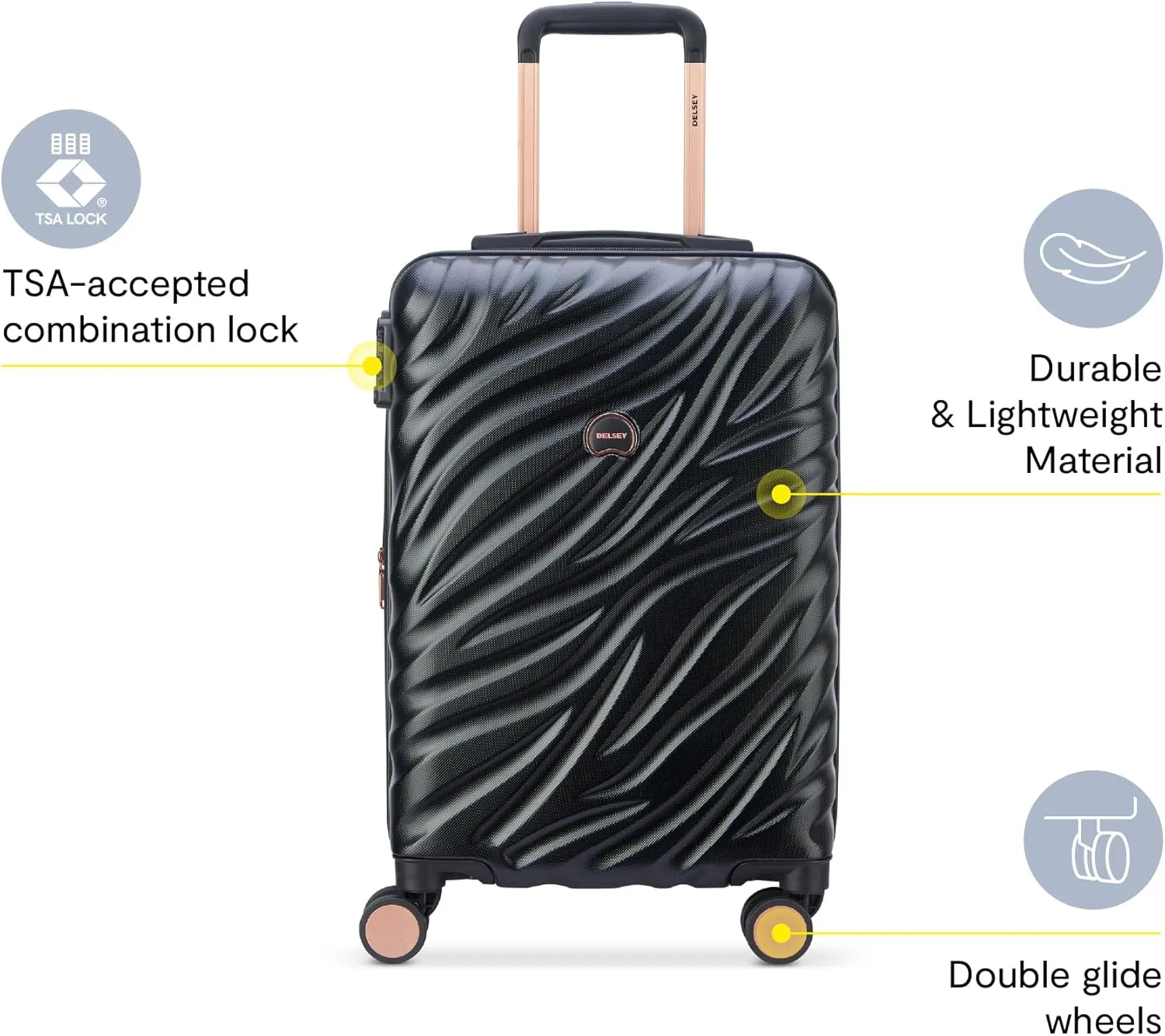 DELSEY PARIS Alexis Durable Luggage, Expandable Lightweight 4-Wheel Spinner, Easy Grip Telescoping Handle for Smooth Mobility, TSA-Lock Incorporated, Men and Women, Black/Rose Gold, Carry-On 21-Inch
