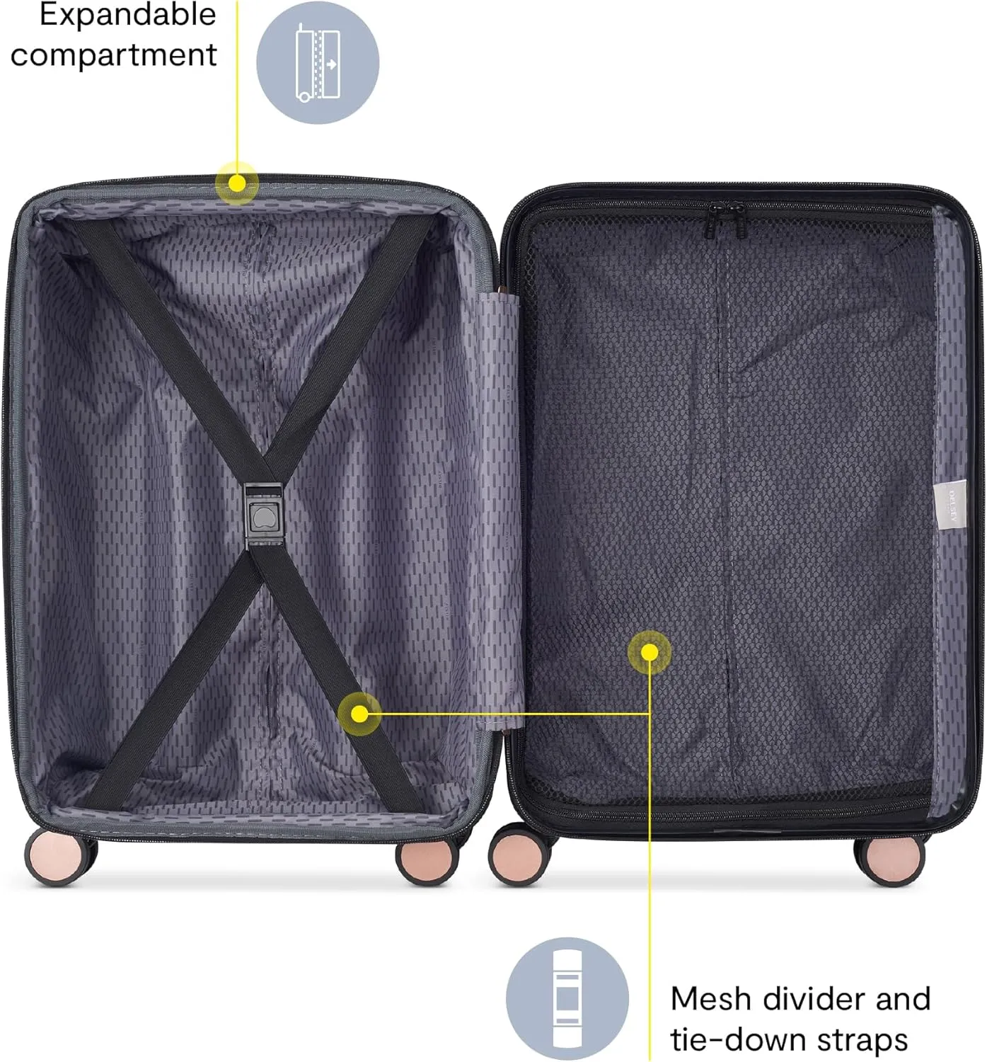 DELSEY PARIS Alexis Durable Luggage, Expandable Lightweight 4-Wheel Spinner, Easy Grip Telescoping Handle for Smooth Mobility, TSA-Lock Incorporated, Men and Women, Black/Rose Gold, Carry-On 21-Inch