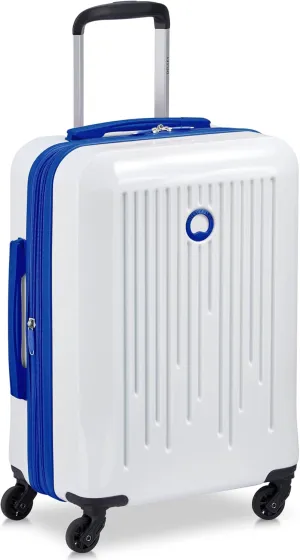 DELSEY PARIS Christine Hardside Expandable Luggage, Stylish and Unique, Glossy Exterior with 360 Spinner Wheels, Lockable Telescoping Handle, Men and Women, White with Blue Trim, Carry-On 20-Inch