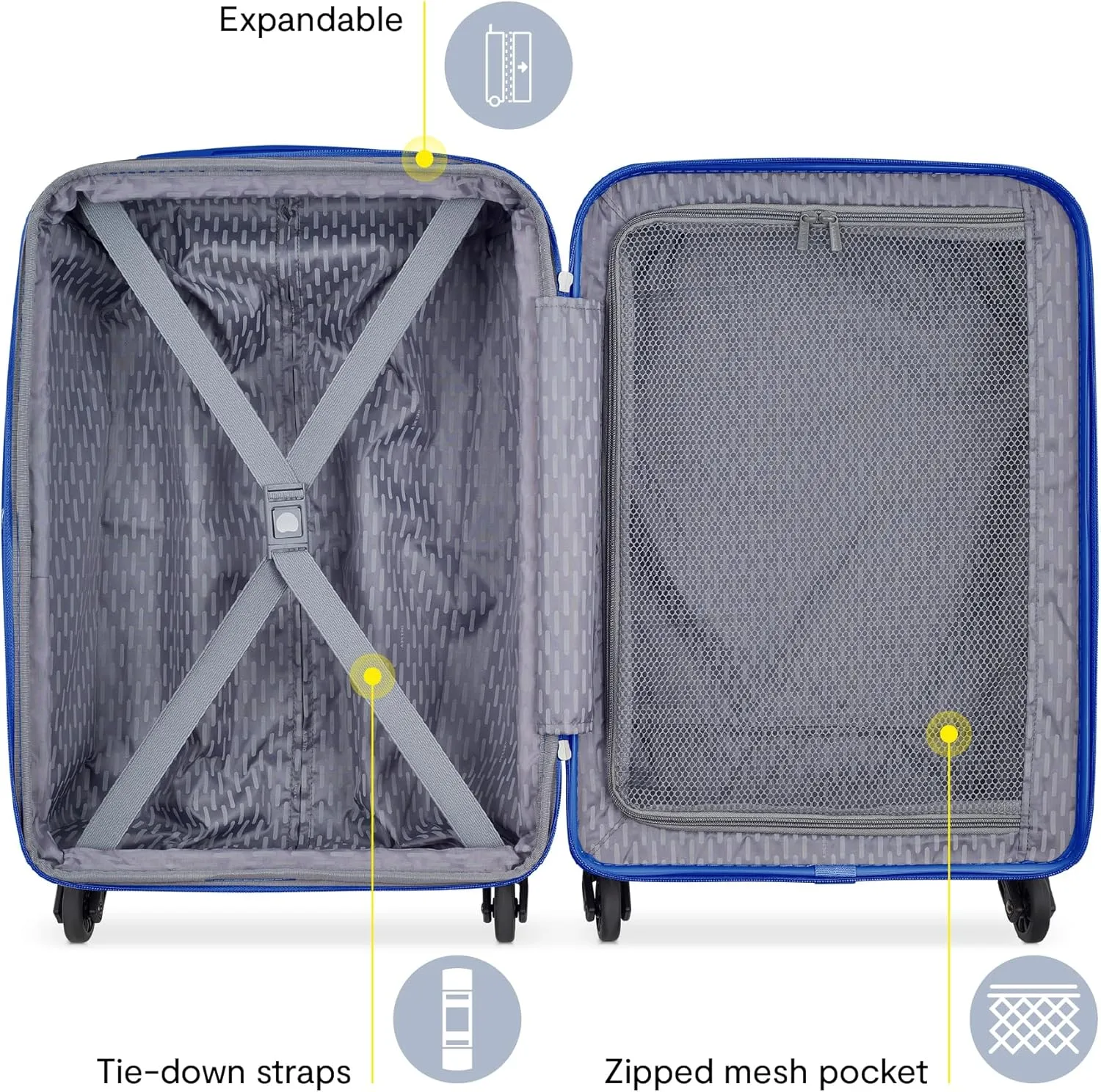 DELSEY PARIS Christine Hardside Expandable Luggage, Stylish and Unique, Glossy Exterior with 360 Spinner Wheels, Lockable Telescoping Handle, Men and Women, White with Blue Trim, Carry-On 20-Inch