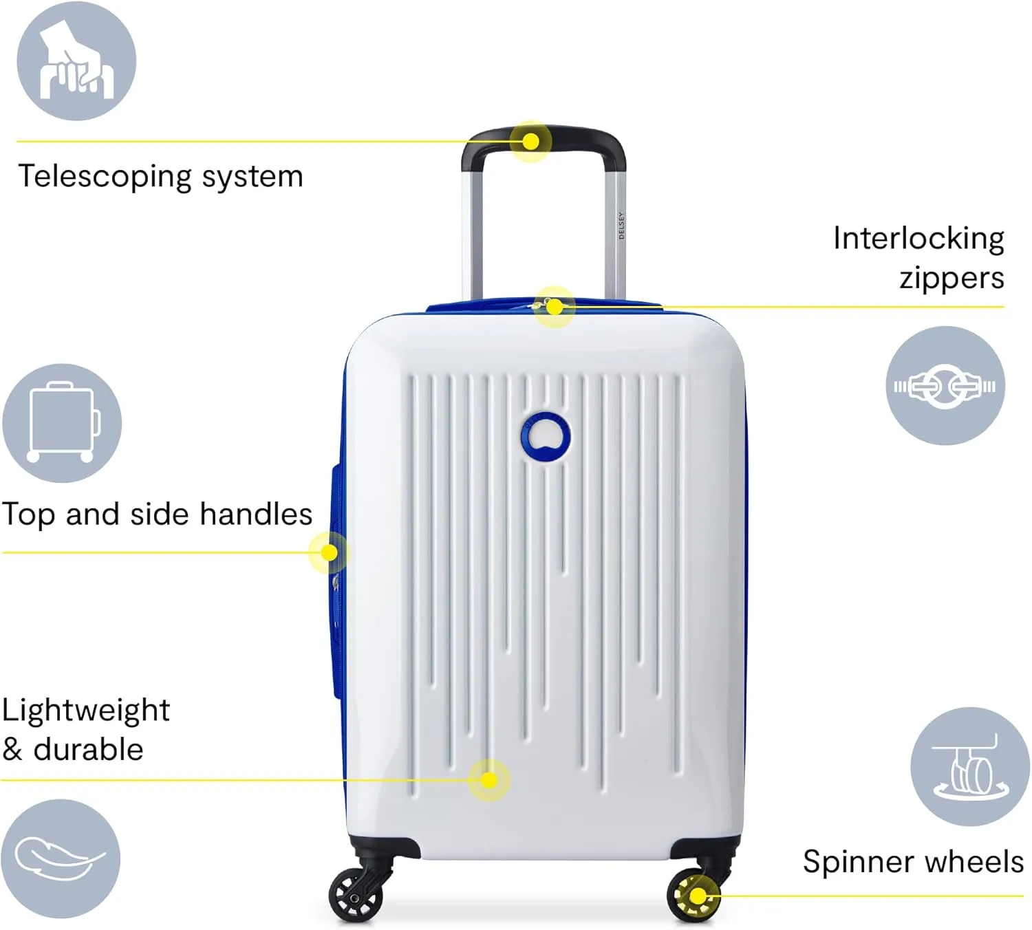 DELSEY PARIS Christine Hardside Expandable Luggage, Stylish and Unique, Glossy Exterior with 360 Spinner Wheels, Lockable Telescoping Handle, Men and Women, White with Blue Trim, Carry-On 20-Inch