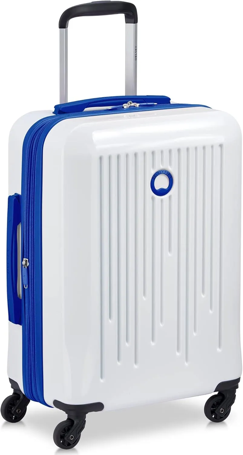 DELSEY PARIS Christine Hardside Expandable Luggage, Stylish and Unique, Glossy Exterior with 360 Spinner Wheels, Lockable Telescoping Handle, Men and Women, White with Blue Trim, Carry-On 20-Inch