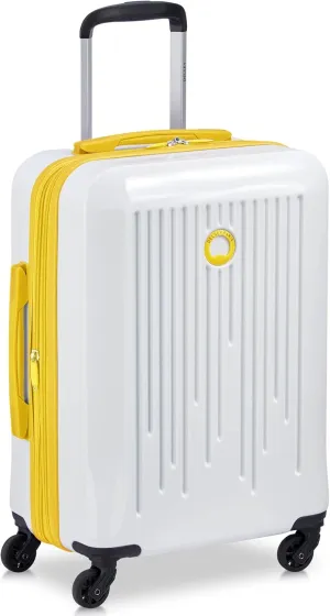 DELSEY PARIS Christine Hardside Expandable Luggage, Stylish and Unique, Glossy Exterior with 360 Spinner Wheels, Lockable Telescoping Handle, Men and Women, White with Yellow Trim, Carry-On 20-Inch