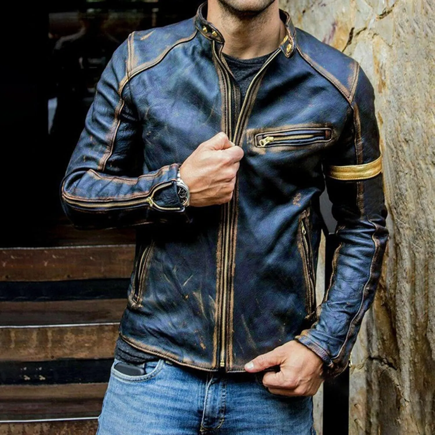 Distressed Motorcycle Jacket Men Faux Leather Slim Fit Zipper Winter Coat Vintage Lightweight Steampunk Biker Jacket