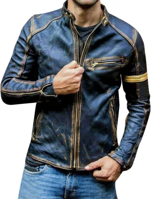 Distressed Motorcycle Jacket Men Faux Leather Slim Fit Zipper Winter Coat Vintage Lightweight Steampunk Biker Jacket