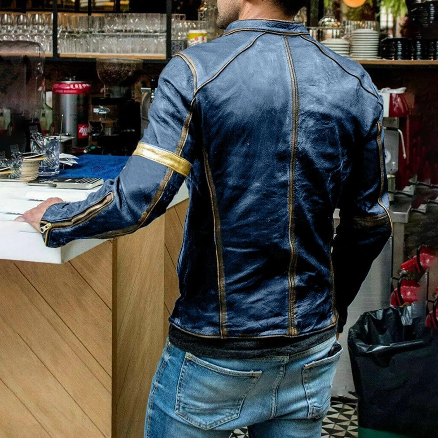 Distressed Motorcycle Jacket Men Faux Leather Slim Fit Zipper Winter Coat Vintage Lightweight Steampunk Biker Jacket