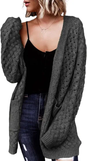 Dokotoo Women's 2024 Fashion Casual Open Front Long Sleeve Chunky Cable Knit Cardigans Sweaters Outerwear Coats with Pockets
