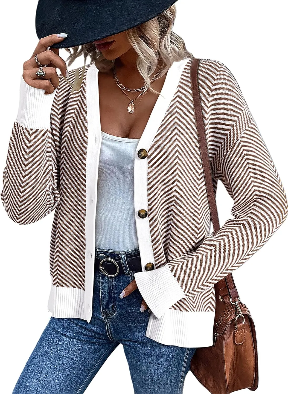 Dokotoo Women's 2025 Fashion Casual Open Front Long Sleeve Chunky Knit Striped Cardigans Sweaters Outerwear Coats